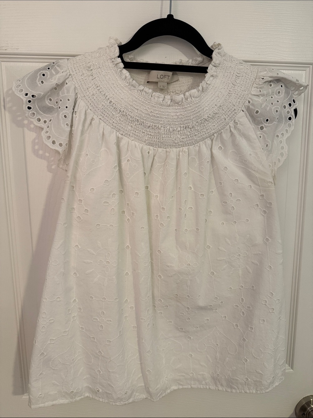 LOFT White Eyelet Smocked Flutter-Sleeve Top